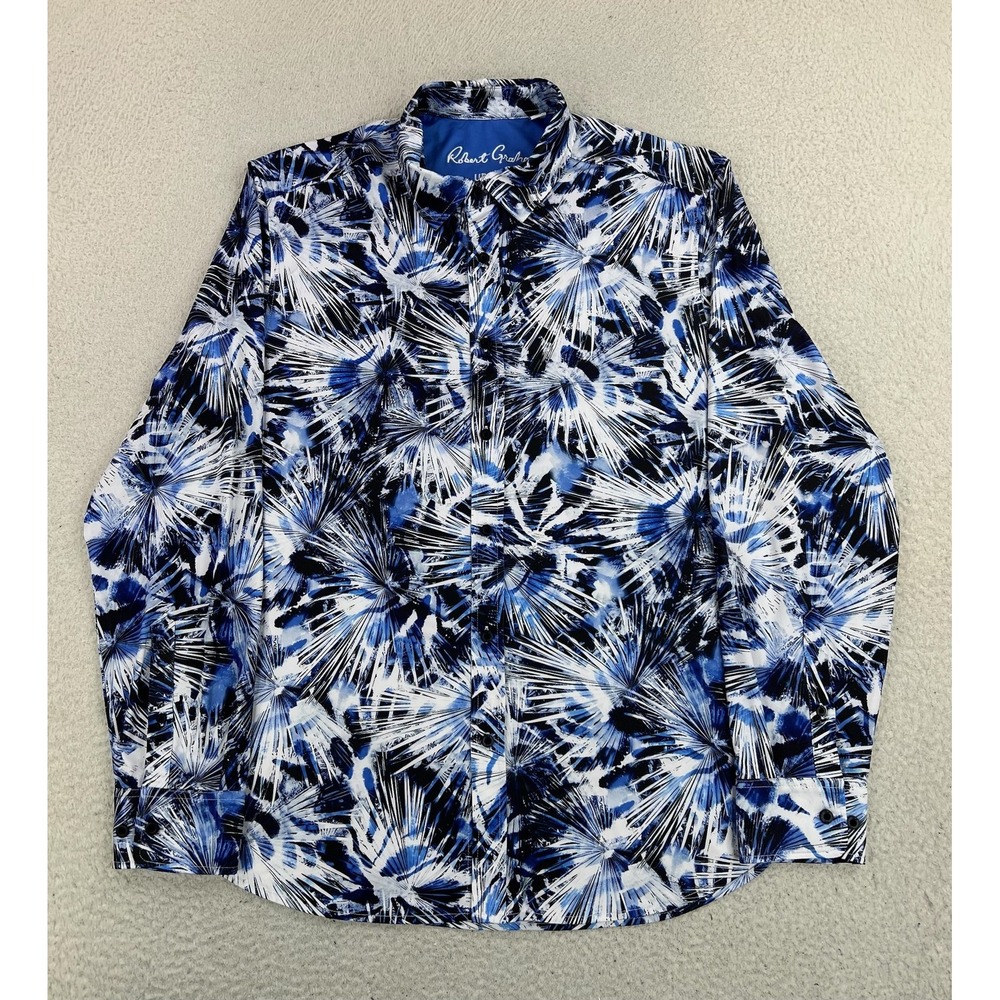 Robert Graham Shirt Mens Large Blue Graphic UPF 30 Stretch Long Sleeve Button Up
